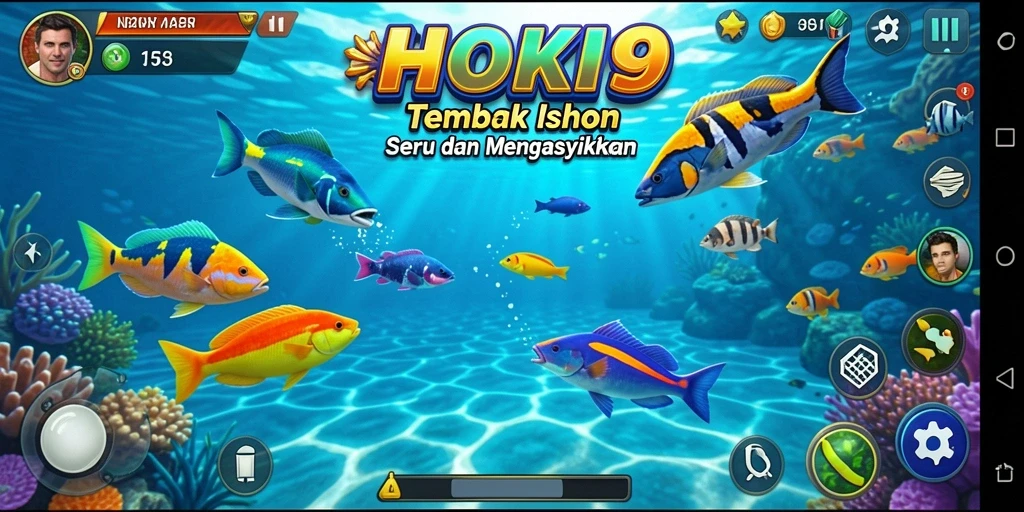 Tampilan gameplay HOKI9 dengan berbagai ikan berwarna-warni.