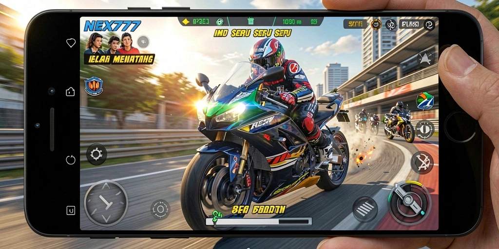 Tampilan gameplay NEX777 dengan motor balap yang cepat dan menantang.