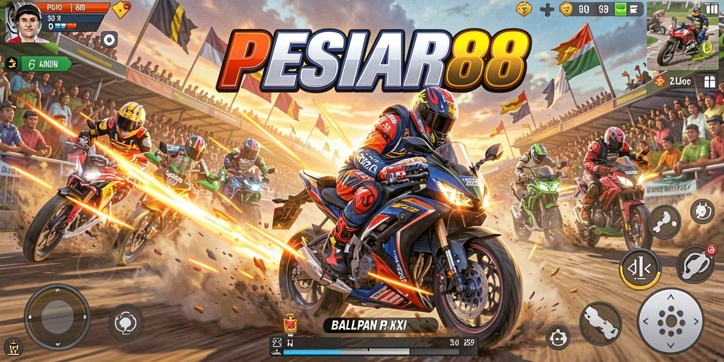 Screenshot utama PESIAR88 menampilkan aksi balapan motor yang mendebarkan.