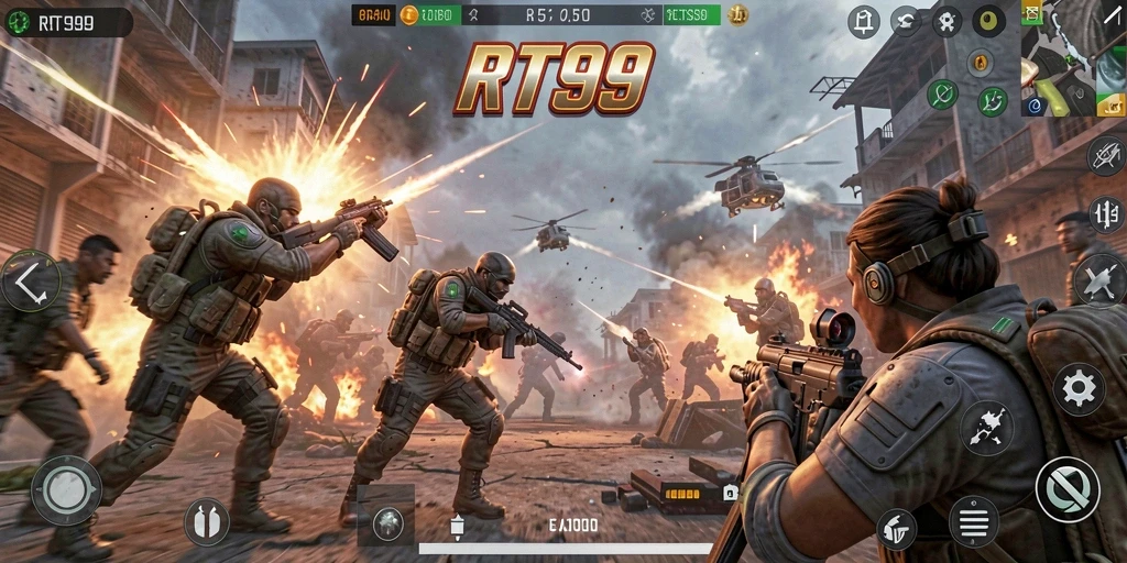 Tampilan gameplay RT99 dengan aksi tembak-menembak yang seru.