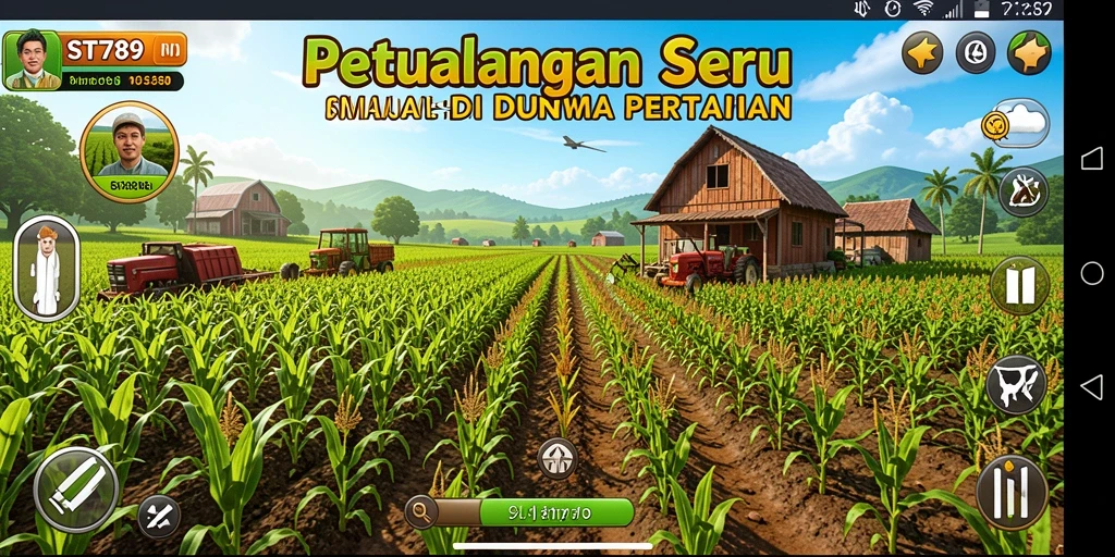 Tampilan gameplay ST789 dengan kebun yang subur dan hewan ternak yang ceria.