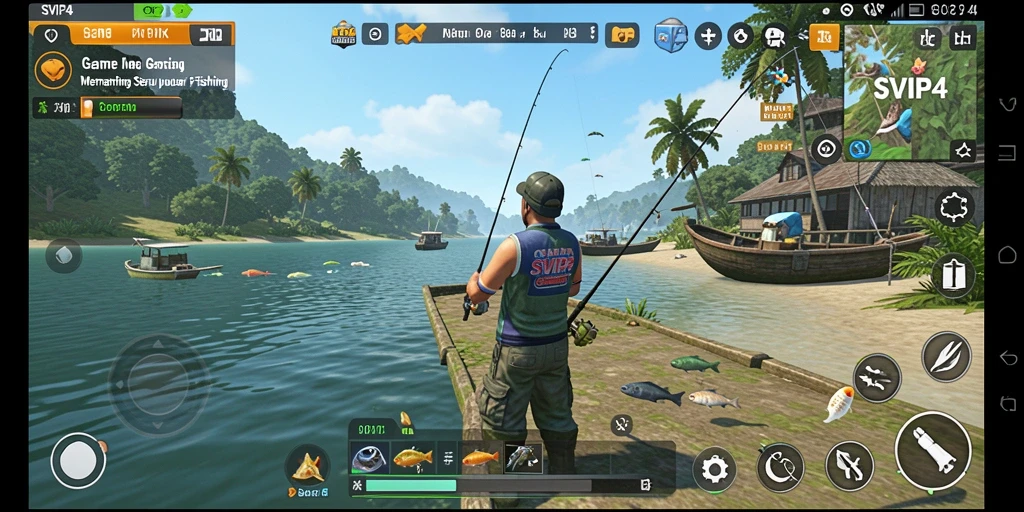 Screenshot gameplay SVIP4 menampilkan momen menangkap ikan yang seru.